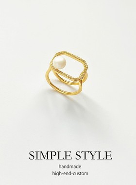 新款方形轻奢开口戒指珍珠指环高级感个性开口可调节戒指女士E015