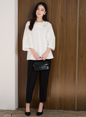 春装两件套装提花七分袖上衣休闲九分裤子洋气时髦时尚套装88699