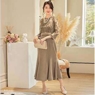 夏季连衣裙蕾丝拼接鱼尾裙假两件裙春秋天晚礼服女士长裙子88606