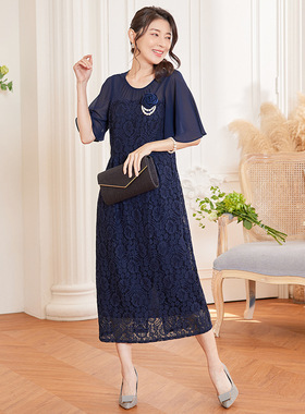 优雅蕾丝连衣裙中长裙2023年新款夏季通勤圆领雪纺小礼服女88567