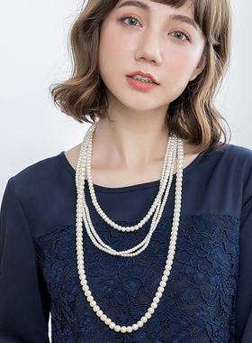 双多层仿珍珠项链长款小香风毛衣链子女法式宫廷复古旗袍配饰045