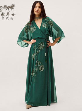 英国Monsoon代购 女装26春新款 亮片短袖V领礼服裙超长裙连衣裙子