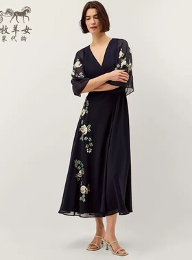 英国Monsoon代购 女装26夏新款 蓝色绣花V领礼服裙中长裙连衣裙子