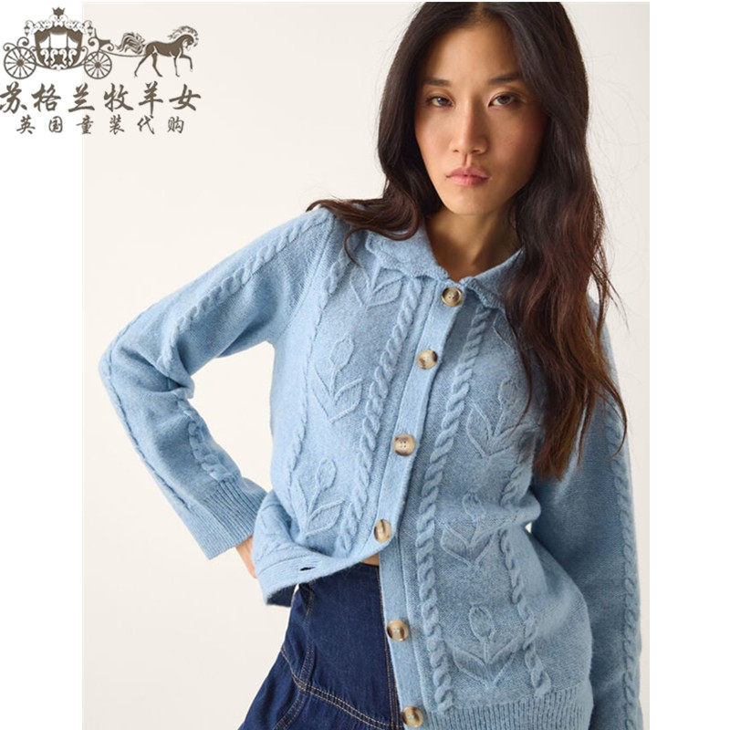英国Monsoon代购 女装26春新款 蓝色麻花辫 百搭长袖毛衣针织开衫