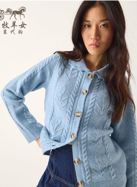 英国Monsoon代购 女装26春新款 蓝色麻花辫 百搭长袖毛衣针织开衫