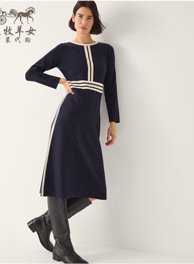 英国Monsoon代购 女装26春新款 英伦蓝色长袖收腰中长裙连衣裙子