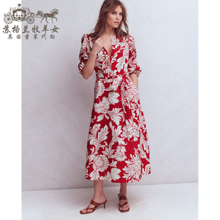 英国Boden代购 女装26春新款 英伦印花长袖亚麻裙中长裙连衣裙子