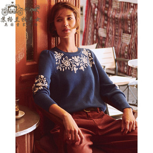 英国Boden代购 女装26春新款 蓝色绣花 纯棉长袖 套头毛衣针织衫