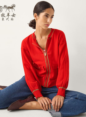 英国Monsoon代购 女装26春新款 红色长袖毛衣 针织开衫 夹克外套