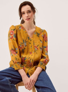 英国Monsoon代购 女装26春夏新款 黄色印花 V领长袖T恤 衬衫上衣