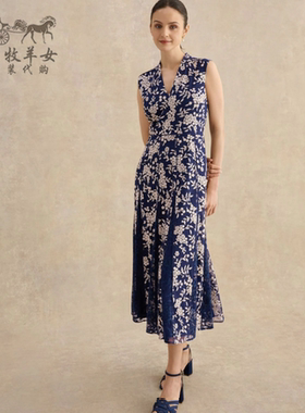 英国Hobbs代购 女装26春夏新 蓝色绣花无袖V领礼服中长裙连衣裙子