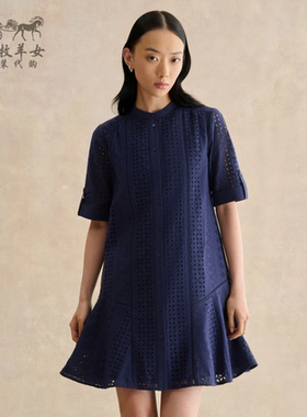 英国Hobbs代购 女装26春夏新款 蓝色绣花纯棉短袖衬衫裙连衣裙子