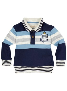 现货清仓英国Monsoon童装 男童 蓝色条纹徽章长袖polo衫卫衣上衣