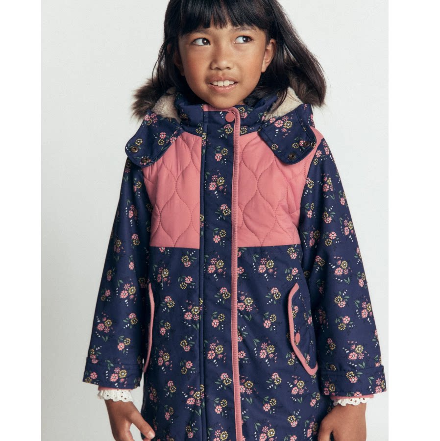 英国mini Boden代购 女童26秋冬新 蓝色碎花保暖连帽棉服大衣外套