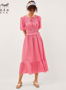 英国Monsoon代购 女装26春夏新款 英伦格子泡泡袖中长裙连衣裙子