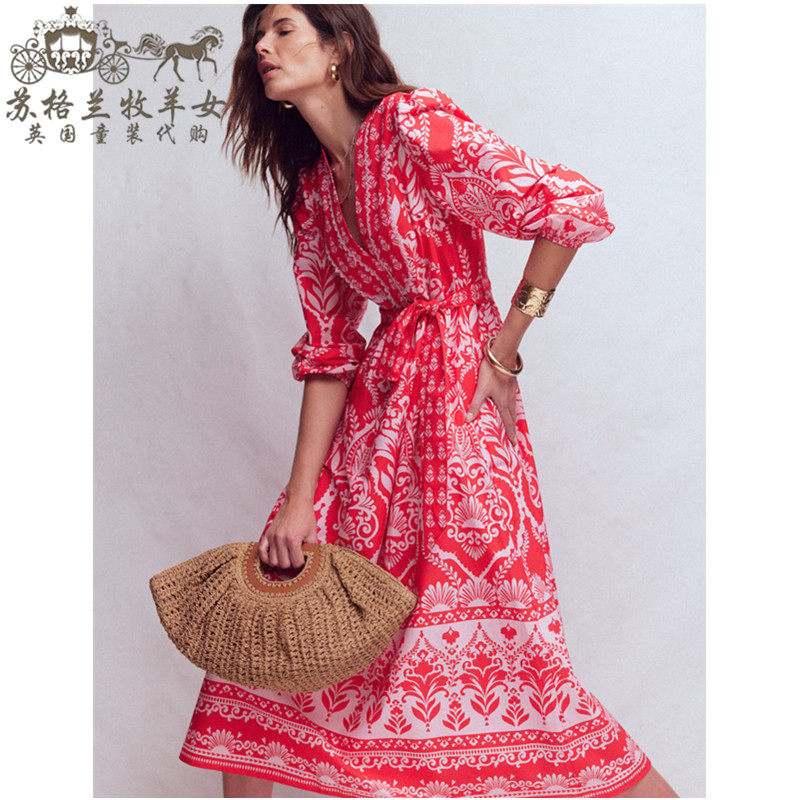 英国Boden代购 女装26春夏新款 红色印花长袖V领中长裙连衣裙子