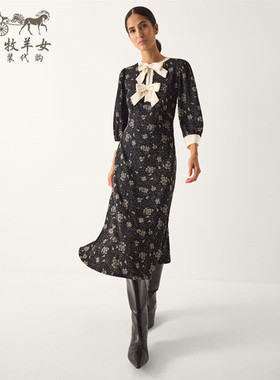 英国Monsoon代购 女装26春新款 碎花蝴蝶结 7分袖中长裙连衣裙子