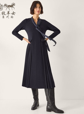 英国Monsoon代购 女装26春新款 蓝色百褶长袖收腰中长裙连衣裙子