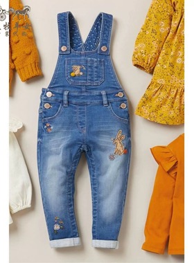 现货清仓英国Next童装 女童新款 蓝色绣花兔子背带裤牛仔裤长裤子
