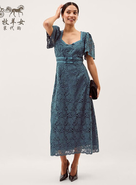 英国Monsoon代购 女装26春新款 蓝色蕾丝短袖礼服中长裙连衣裙子