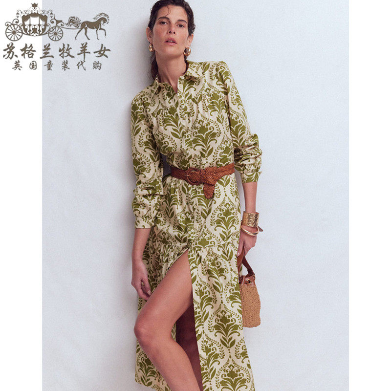 英国Boden代购 女装26春夏新款 绿色印花长袖中长衬衫裙连衣裙子