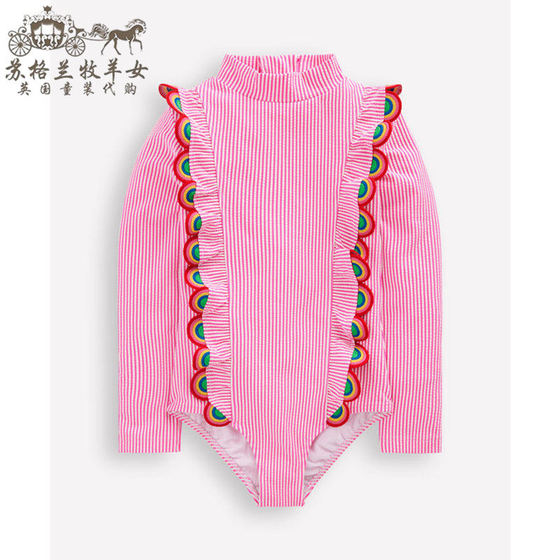 英国mini Boden童装代购 女童女婴26春新 彩虹条纹长袖连体游泳衣