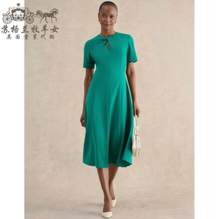 修身 英国Hobbs代购 简约绿色短袖 26春夏新款 中长裙连衣裙子 女装