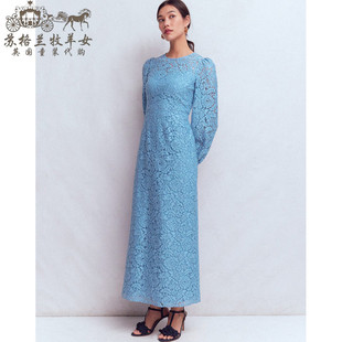英国Boden代购 女装26春新款 蓝色蕾丝长袖中长裙礼服裙连衣裙子