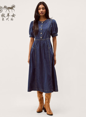 英国Monsoon代购 女装26春新款 蓝色收腰短袖牛仔中长裙连衣裙子