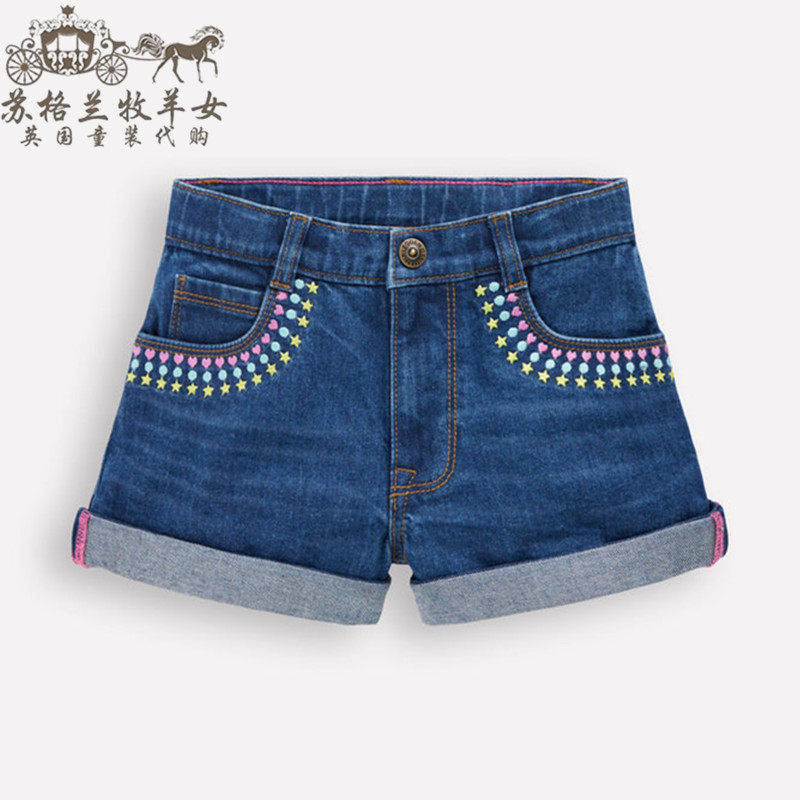 英国mini Boden童装代购 女童26春新款 蓝色绣花百搭牛仔裤短裤子