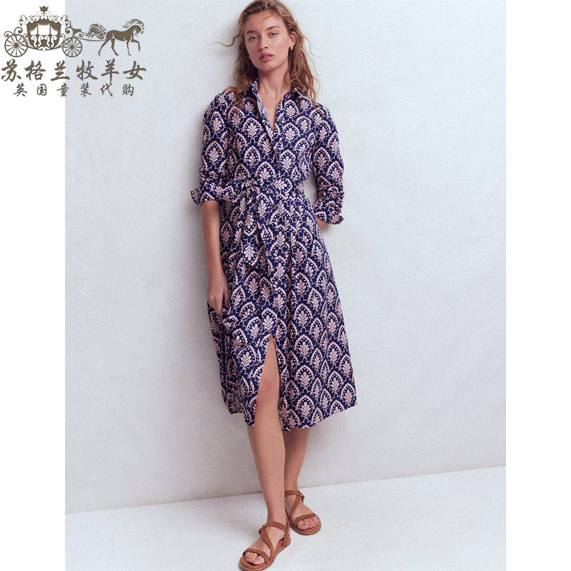 英国Boden代购 女装26春夏新款 蓝色印花长袖中长衬衫裙连衣裙子