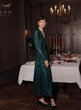 英国Hobbs代购 女装26春新款 绿色亮片长袖V领礼服中长裙连衣裙子