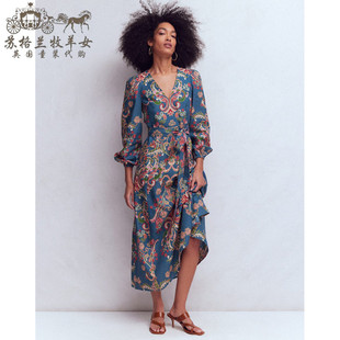 英国Boden代购 女装26春新款 复古印花长袖V领亚麻中长裙连衣裙子