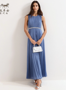 英国Phase Eight代购 女装26夏新 蓝色百褶无袖礼服长裙连衣裙子
