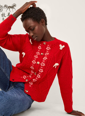 英国Monsoon代购 女装26春新款 红色麻花辫 百搭长袖毛衣针织开衫