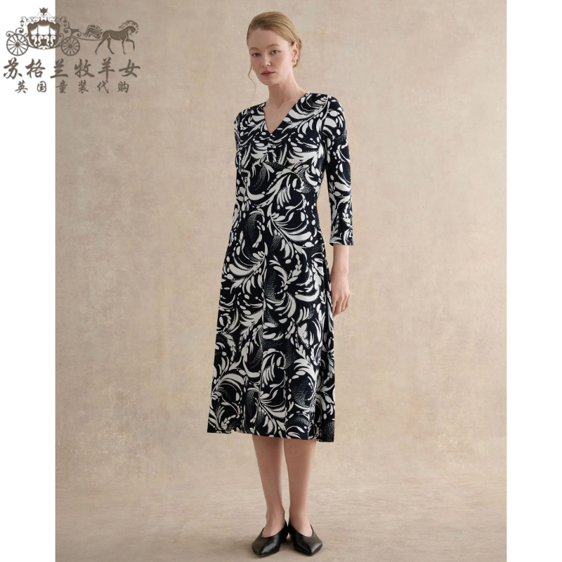 英国Hobbs代购 女装26春夏新款 英伦印花长袖V领中长裙连衣裙子