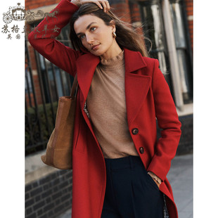 英国Boden代购 女装25秋冬新款 英伦红色长袖中长羊毛呢大衣外套