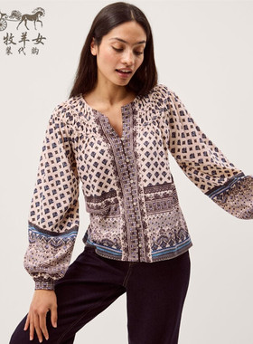 英国Monsoon代购 女装26春新款 英伦印花百搭长袖V领T恤衬衫上衣