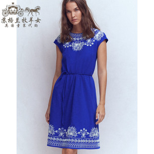 英国Boden代购 女装26春新款 英伦蓝色绣花短袖休闲A字裙连衣裙子