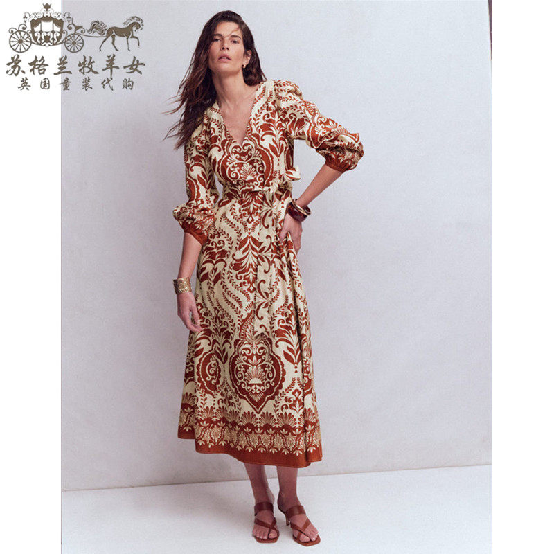 英国Boden代购 女装26春夏新款 英伦印花 V领长袖 中长裙连衣裙子