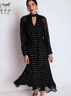 英国Boden代购 女装26春新款 英伦印花长袖V领收腰中长裙连衣裙子