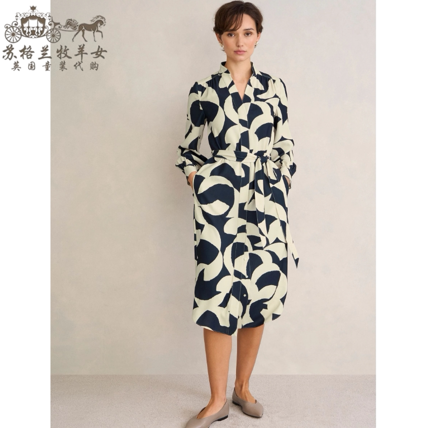 英国Hobbs代购 女装26春夏新款 简约印花长袖中长衬衫裙连衣裙子