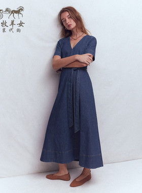 英国Boden代购 女装26春夏新款 蓝色V领短袖中长裙牛仔裙连衣裙子