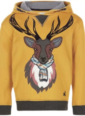 现货清仓英国Monsoon童装 男童 黄色圣诞驯鹿 长袖帽衫卫衣上衣
