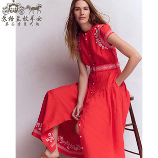 英国Boden代购 女装26春新款 红色绣花 短袖亚麻 中长裙连衣裙子