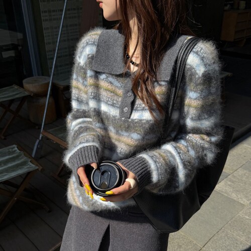 费尔岛提花新羊绒拉绒翻领毛衣女