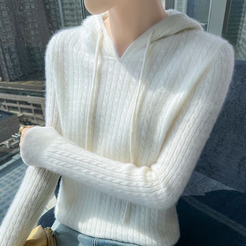 100%纯羊毛连帽针织衫女