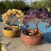 热销聚宝盆茶盏底座紫水晶发财树摆件桌面水晶生命树创意手工艺品