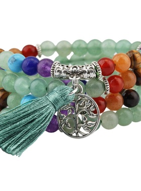 天然七色轮水晶配彩色流苏生命树手串108颗珠子欧美多圈长珠链子