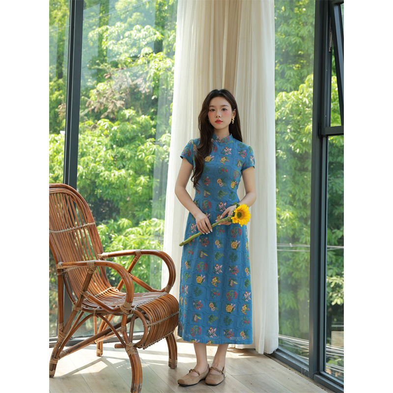 伴夏自制新中式碎花改良旗袍女夏小个子刺绣绝美连衣裙